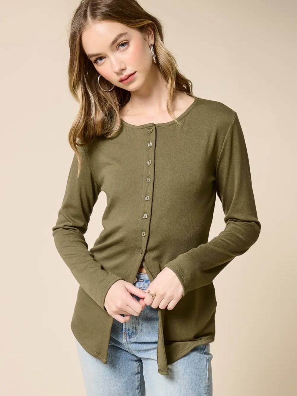 Charlotte Avery Olive Green Button Front Long Sleeve Top Size Small NWT